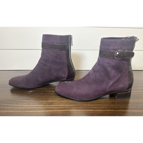 Aquatalia Suede Patent Leather Ankle Boots Purple Back Zip Women's 7 - Picture 2 of 12